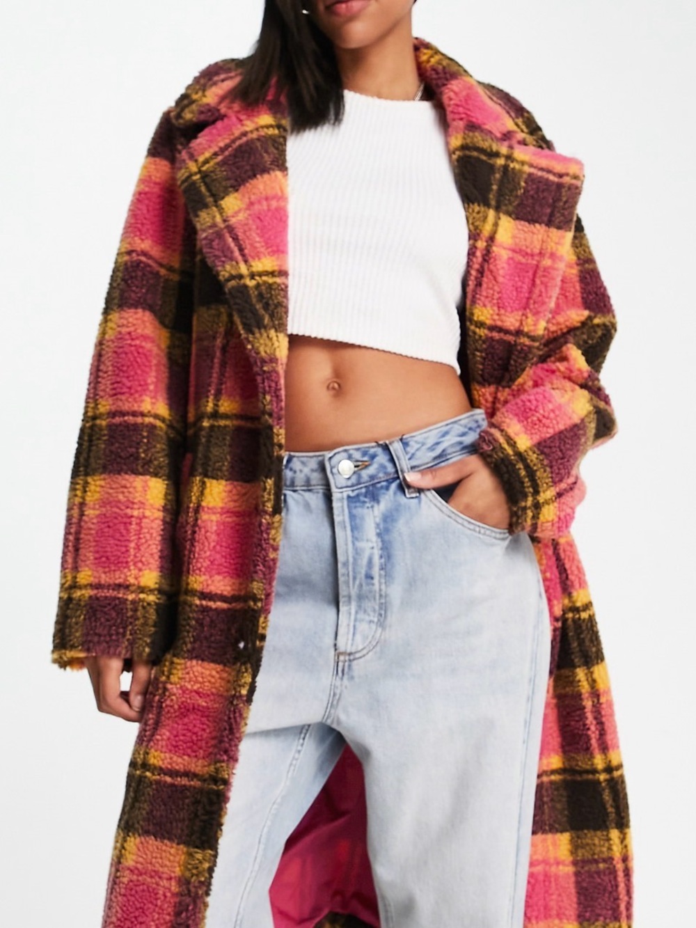 Threadbare Bear oversized teddy coat in black and pink plaid XXXL 24-26